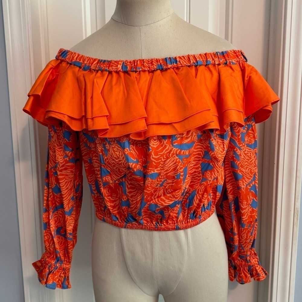 NEW Alden Adair Small Kelly Top ~ Orange Tigers Off Shoulder Ruffle Cropped